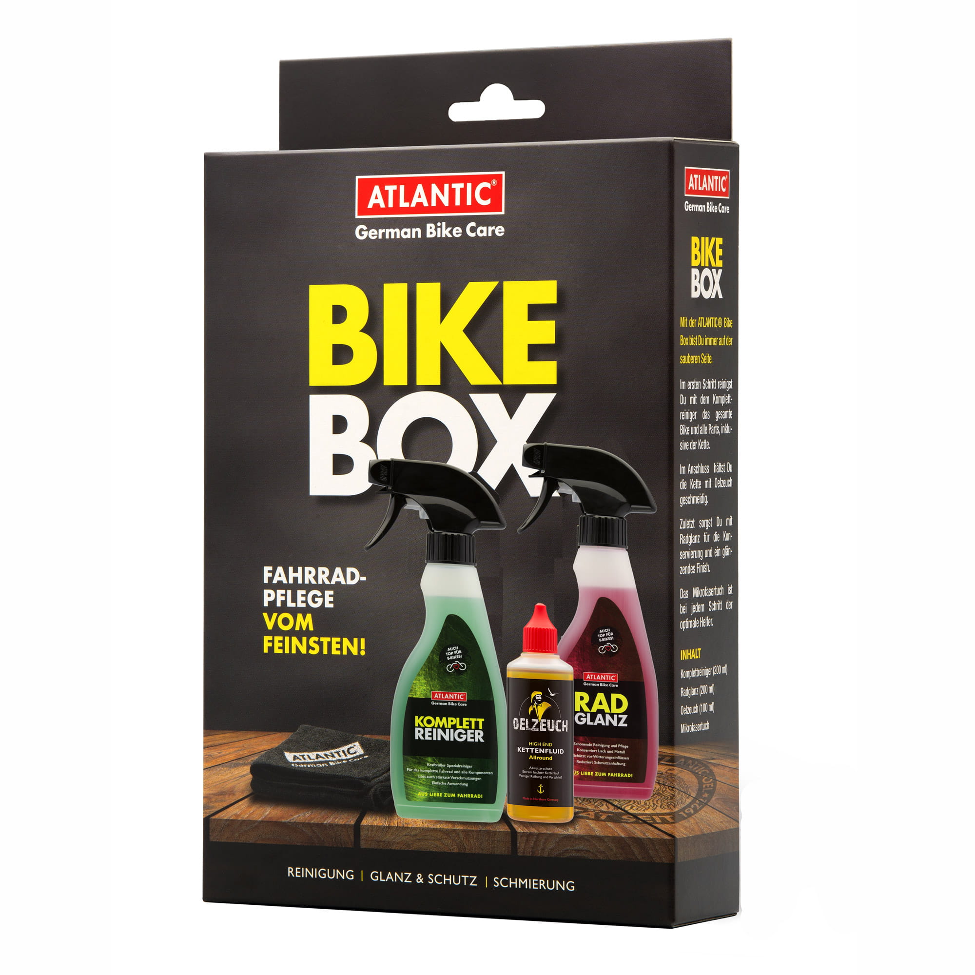 Atlantic Bike Box Set aus Radglanz, Complete Cleaner, Oelzeuch, Mikrofasertuch